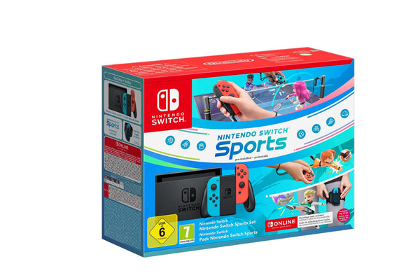 Nintendo Switch + Switch Sports Set (Nintendo Switch Sports preinstallato, fascia per la gamba, 3 mesi di Nintendo Switch Online)